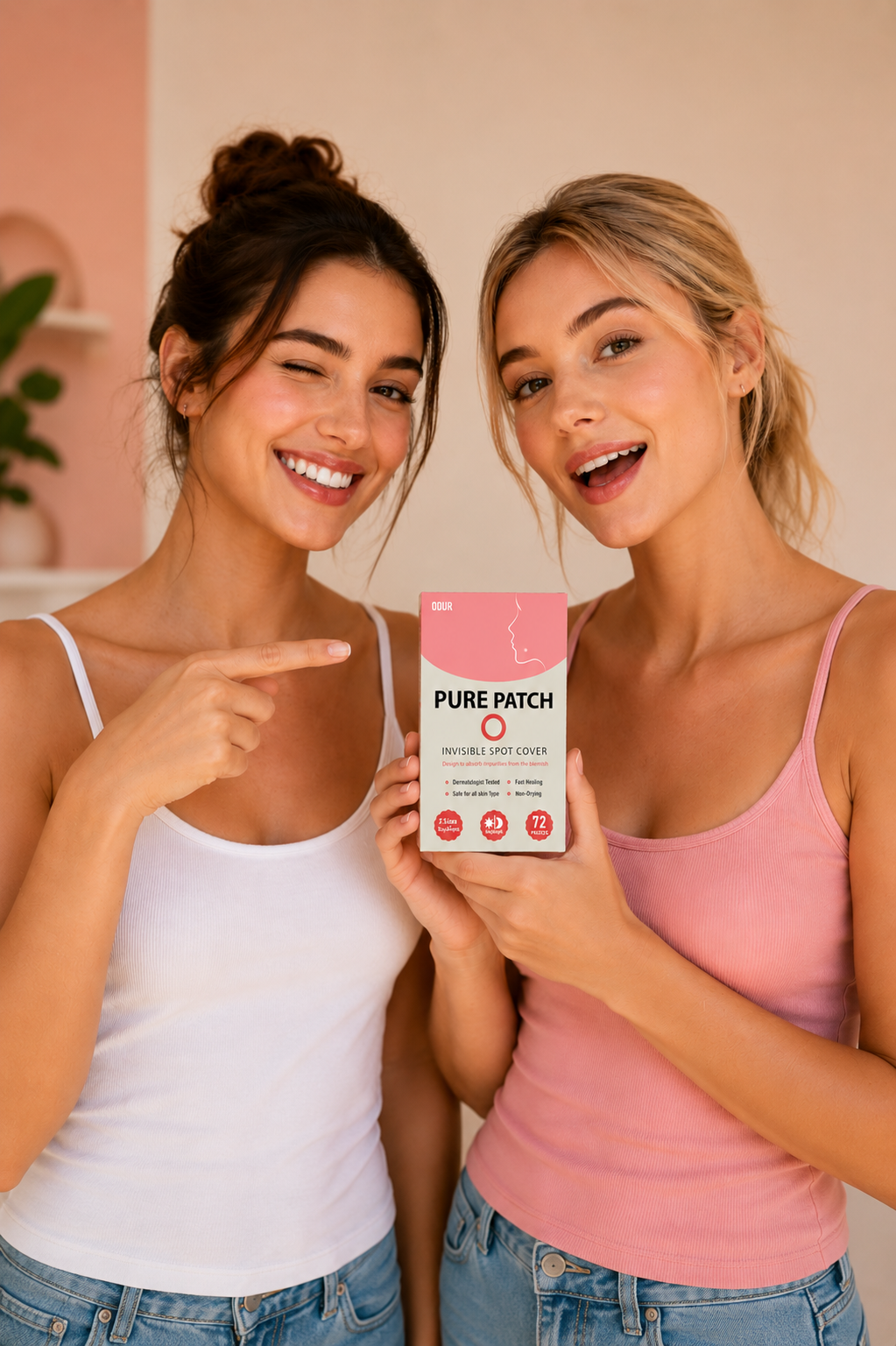 Two women smiling and holding Pure Patch by Odur